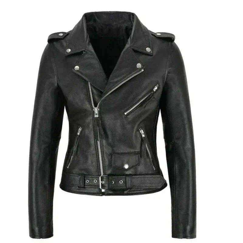Women Punk Leather Blazer Zipper Motorycle Jacket Black